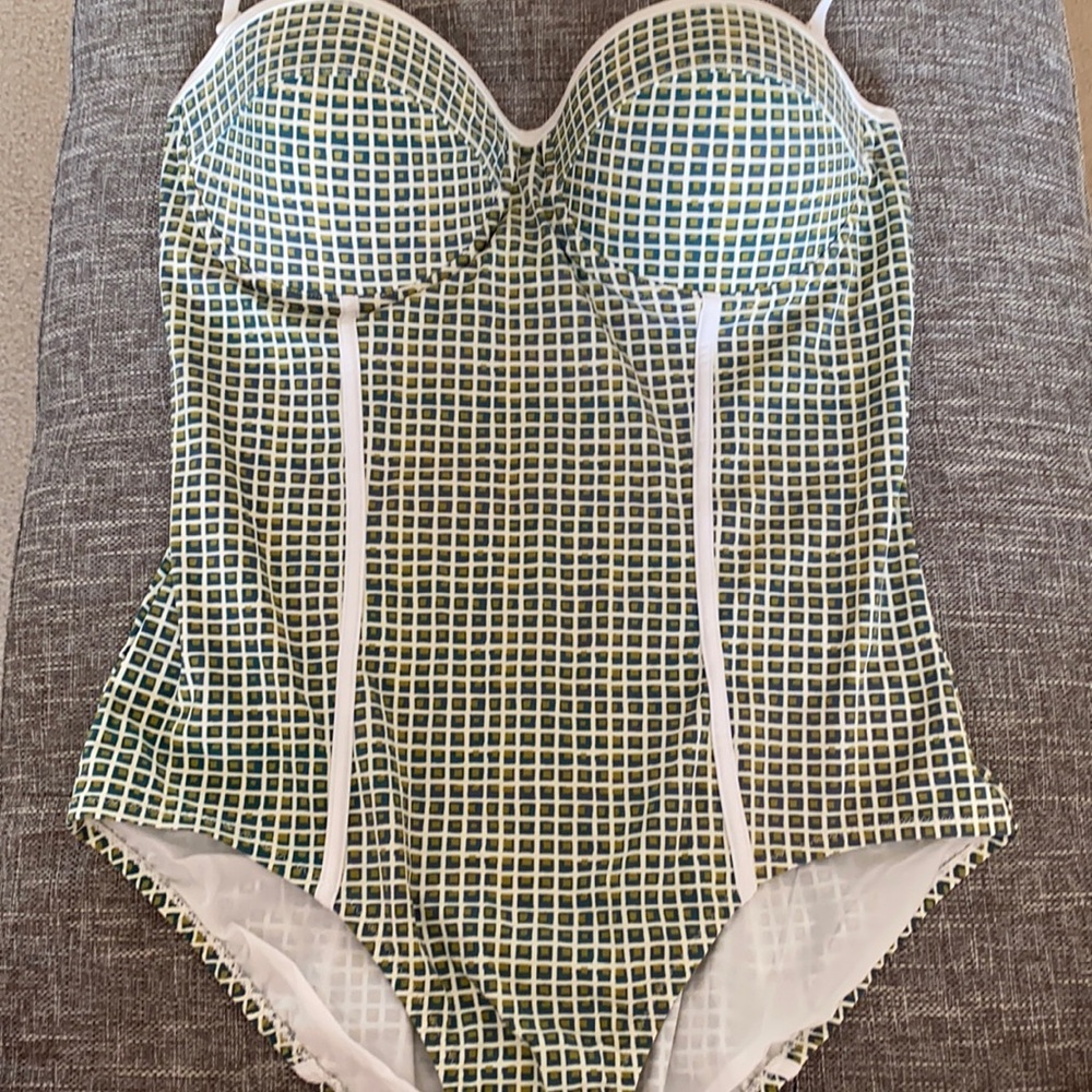 Tory Burch Green and White Grid One-Piece Swimsuit